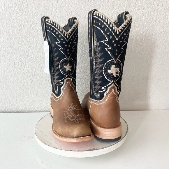 Lane RODEO HOUSTON Mens Cowboy Boots 12.5B Brown Navy Leather Western Blunt Toe